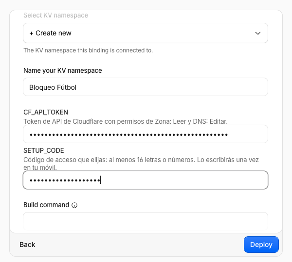 Formulario relleno con el botón Deploy