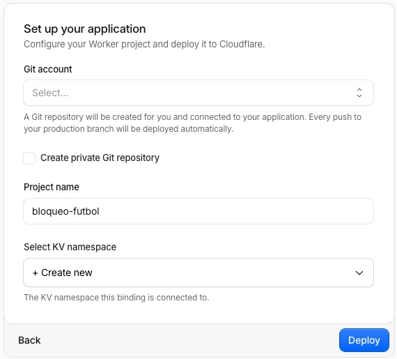 Formulario Set up your application de Cloudflare