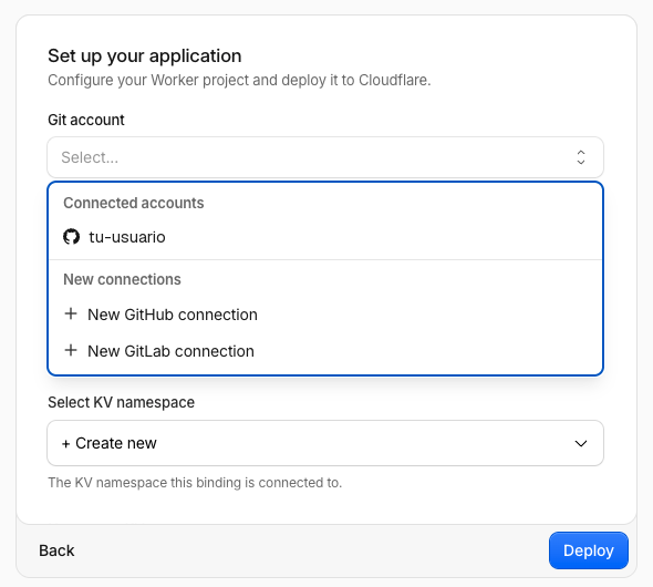 Desplegable Git account con la opción New GitHub connection
