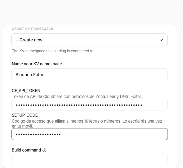 Campos CF_API_TOKEN y SETUP_CODE rellenos, en puntos
