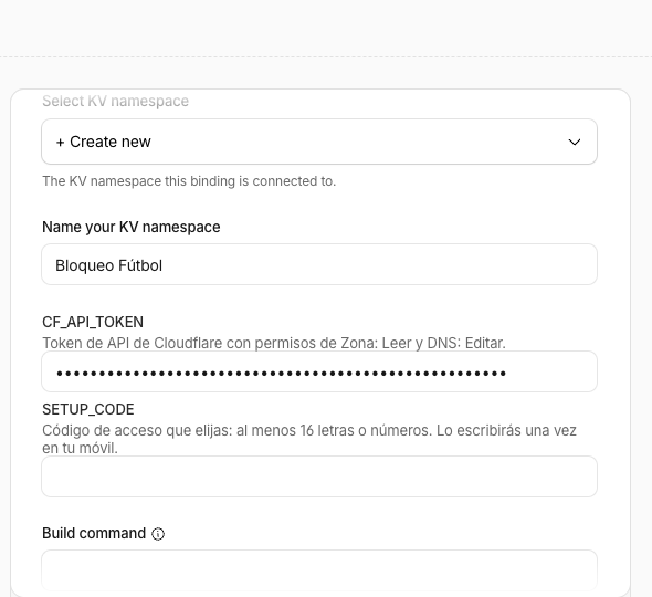CF_API_TOKEN relleno, en puntos, y SETUP_CODE vacío