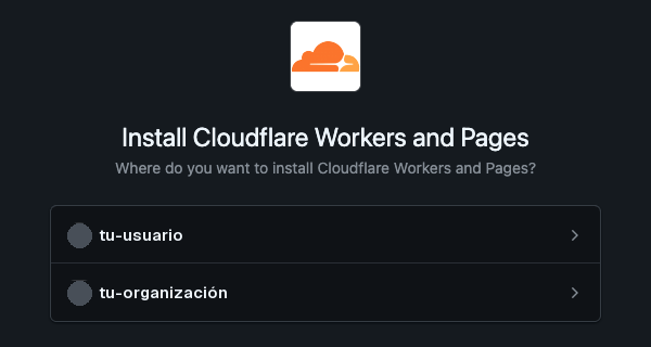 GitHub pregunta dónde instalar Cloudflare Workers and Pages