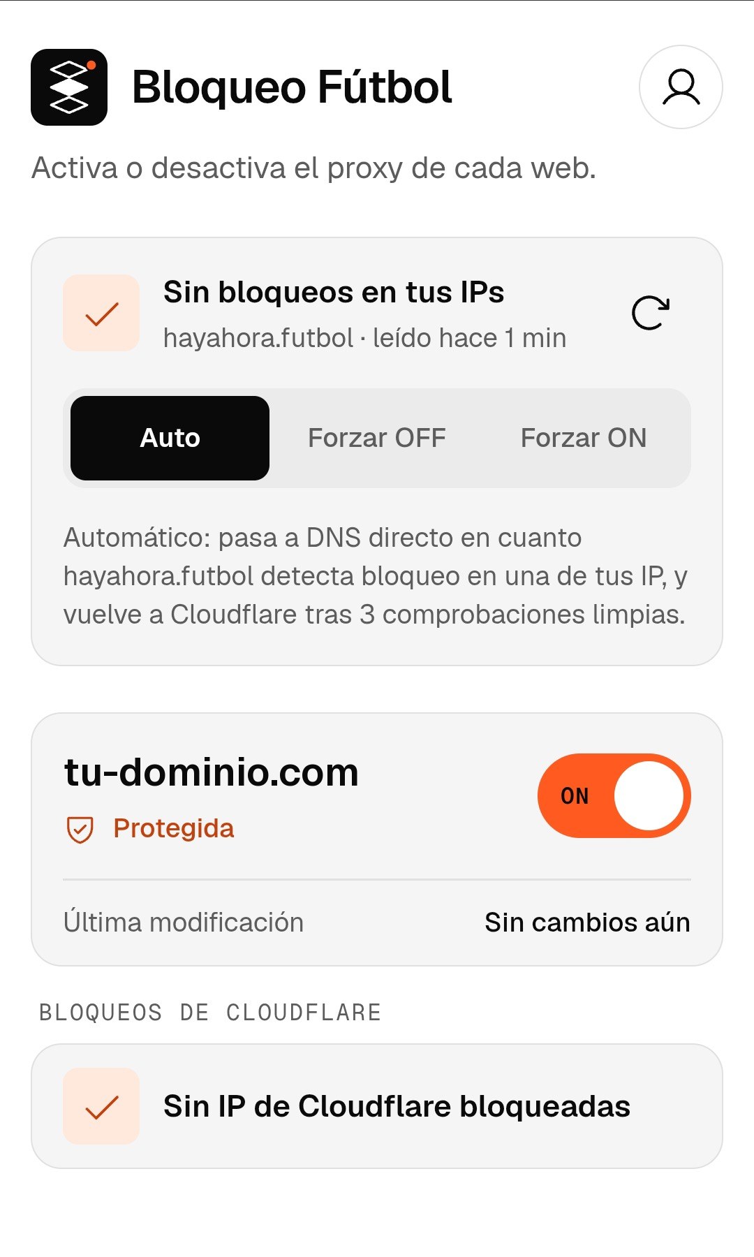 Pantalla principal de la app, con el icono de persona arriba a la derecha