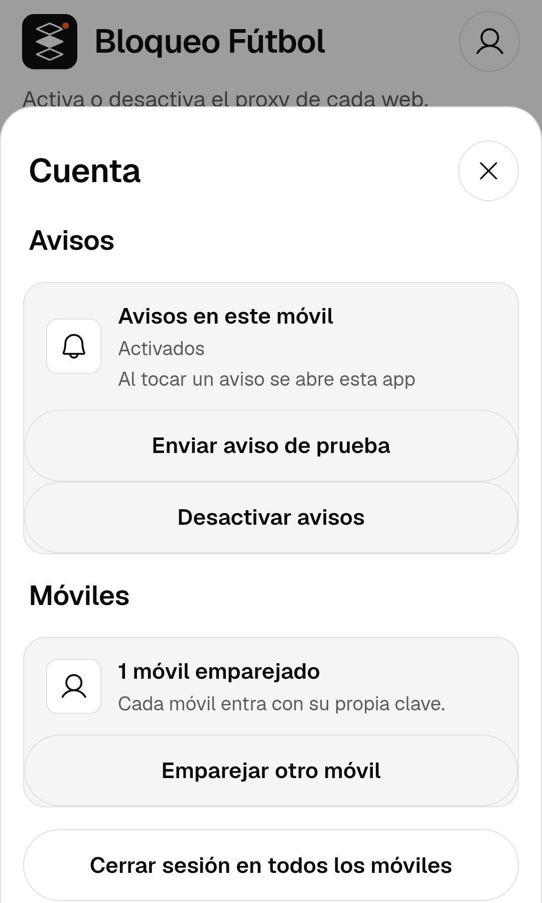 Pantalla Cuenta de la app, con la sección Avisos