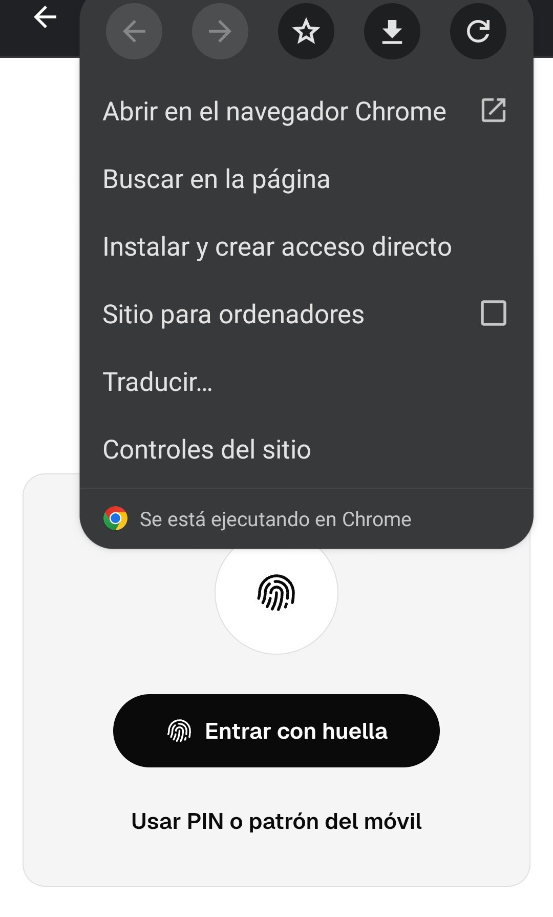 Menú de Chrome con la opción Instalar y crear acceso directo