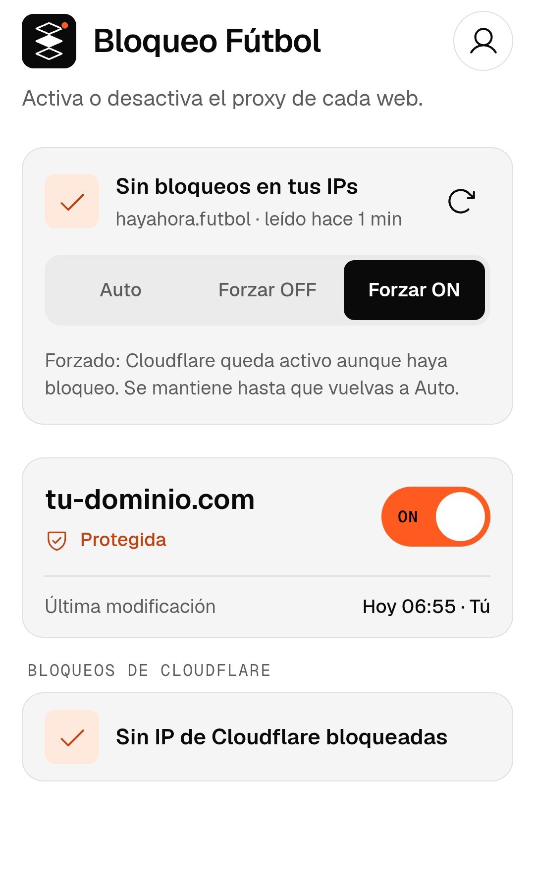 App en modo Forzar ON