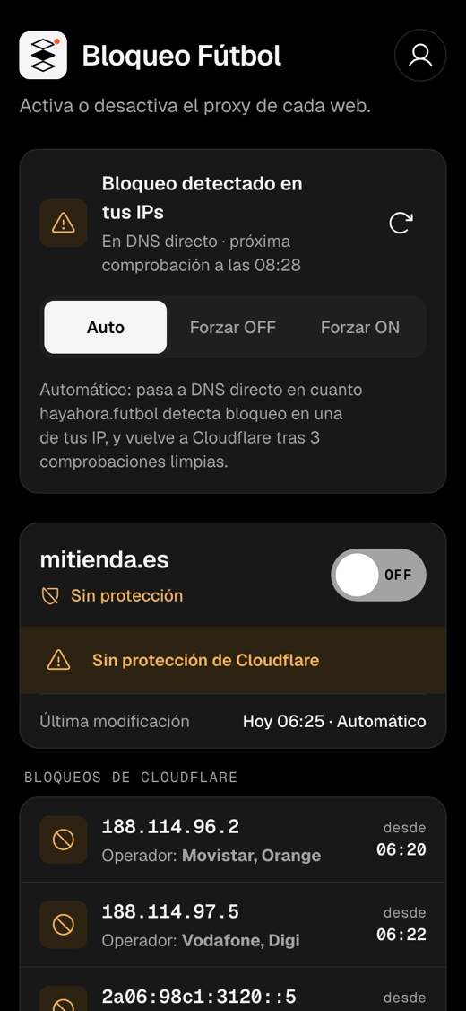 La app durante un bloqueo con las webs en DNS directo y las direcciones bloqueadas