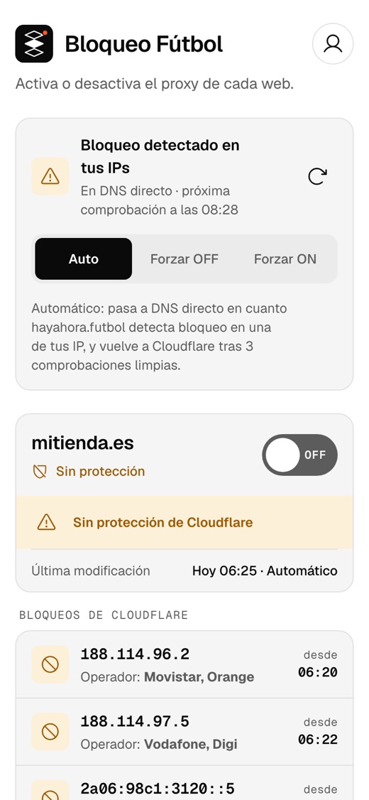 La app durante un bloqueo con las webs en DNS directo y las direcciones bloqueadas