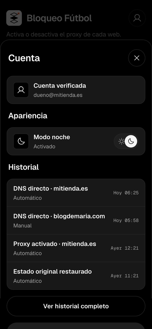Panel de ajustes de la app con el historial de cambios automáticos
