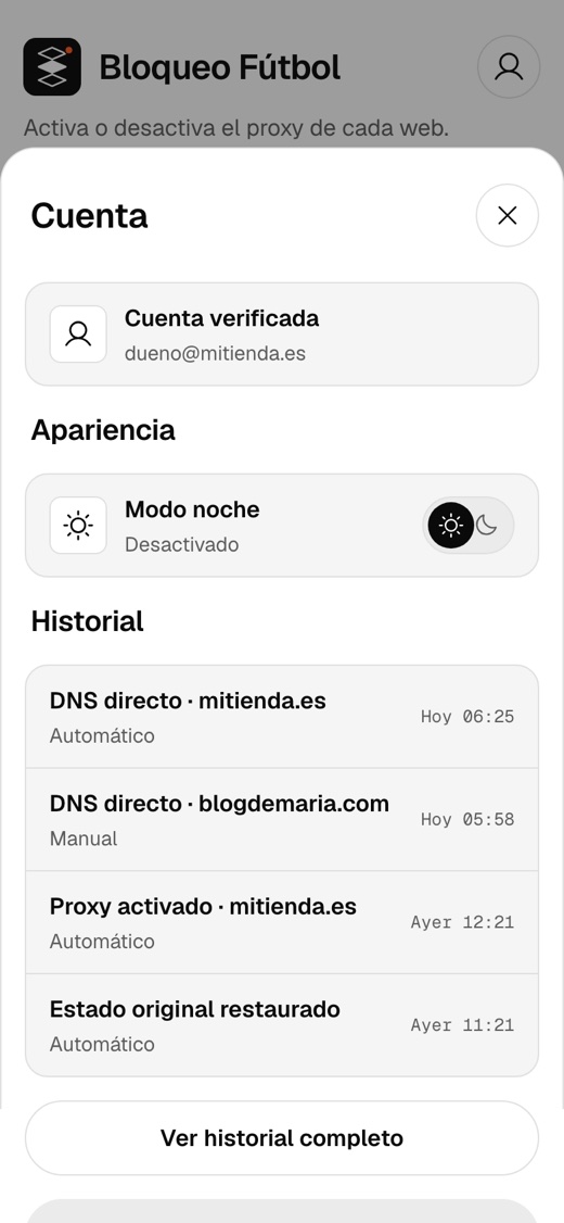 Panel de ajustes de la app con el historial de cambios automáticos