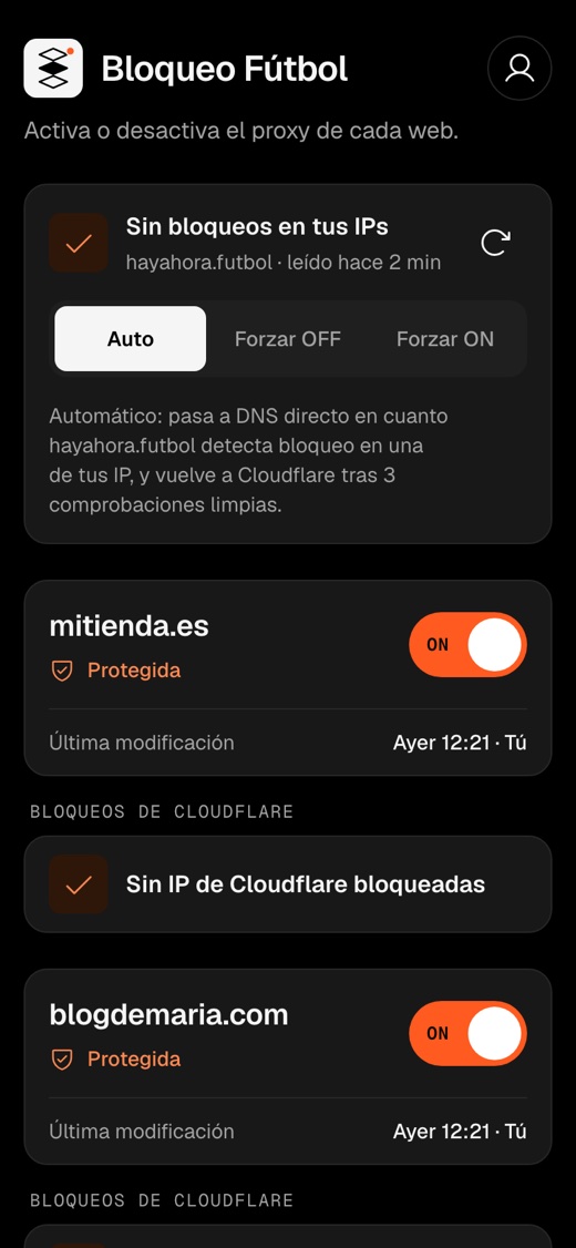 La app con las webs protegidas y sin bloqueos
