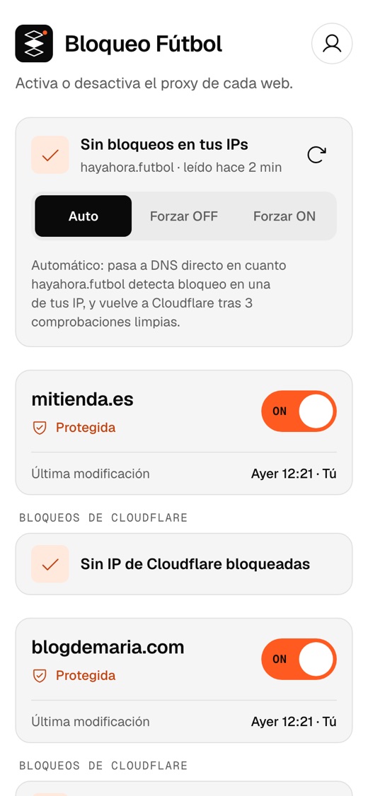 La app con las webs protegidas y sin bloqueos